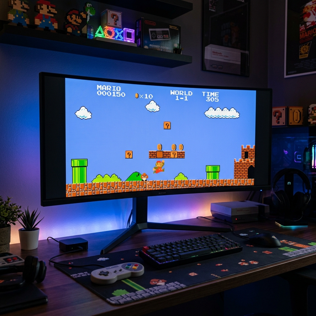 Sleek widescreen gaming monitor setup showing 8-bit Mario platformer gameplay with vivid colors on a clean desk