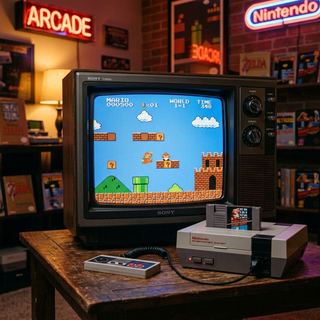 Classic 8-bit Super Mario Bros gameplay displayed on a retro CRT television screen with an NES console